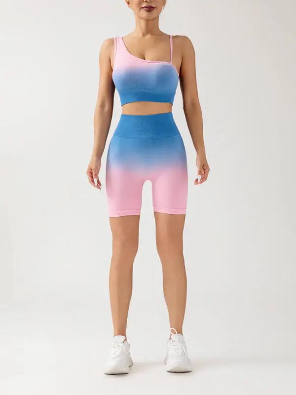 Pink and blue gradient seamless yoga set with top and shorts