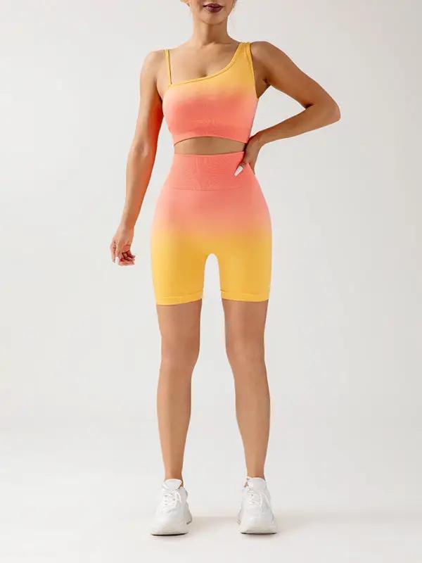 Orange and yellow gradient seamless yoga set with top and shorts