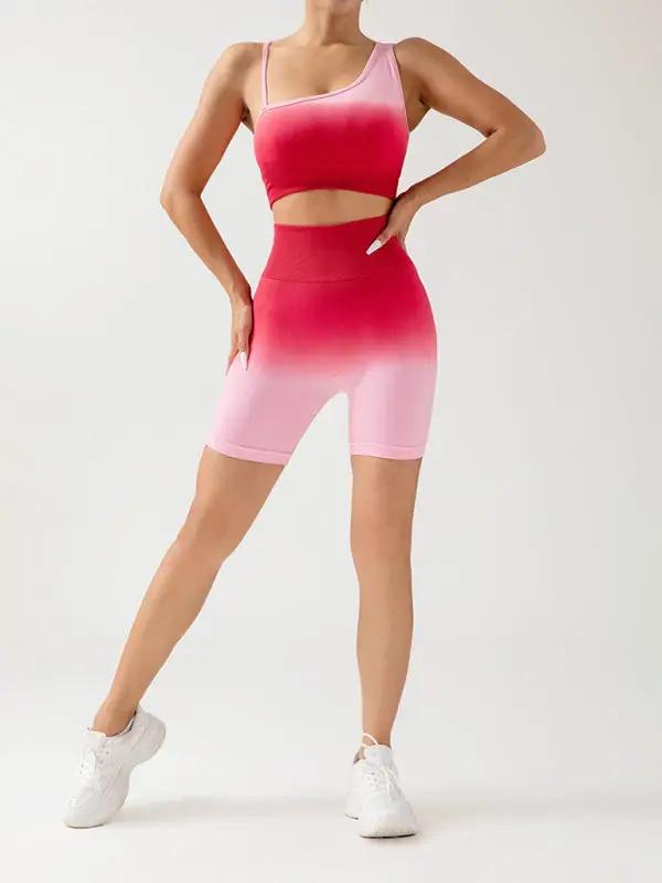 Red gradient seamless yoga set with top and shorts