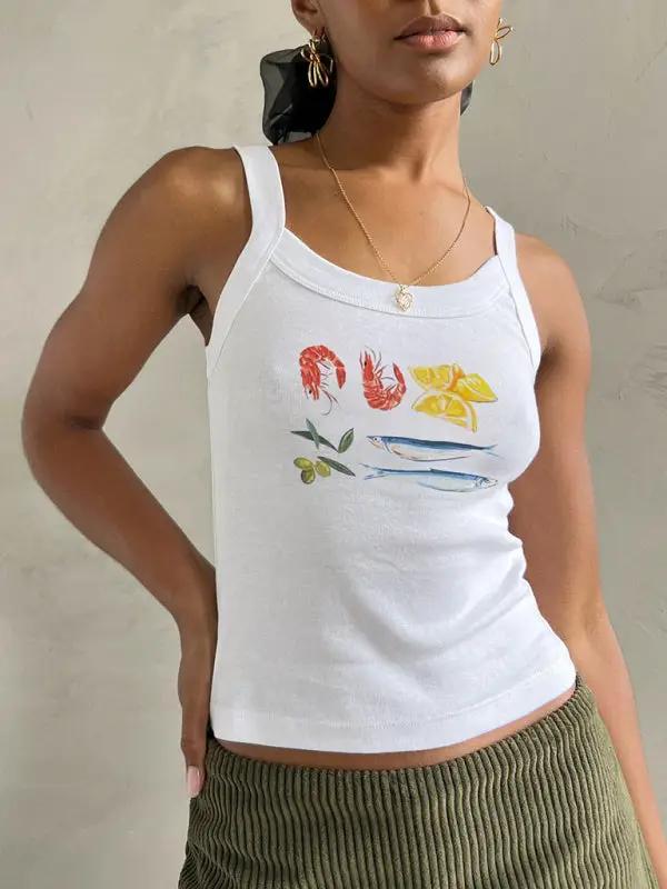 White camisole with seafood and lemon print design