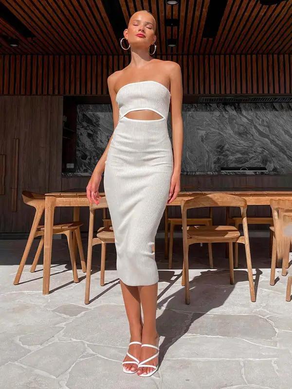White ribbed tube top dress in outdoor setting