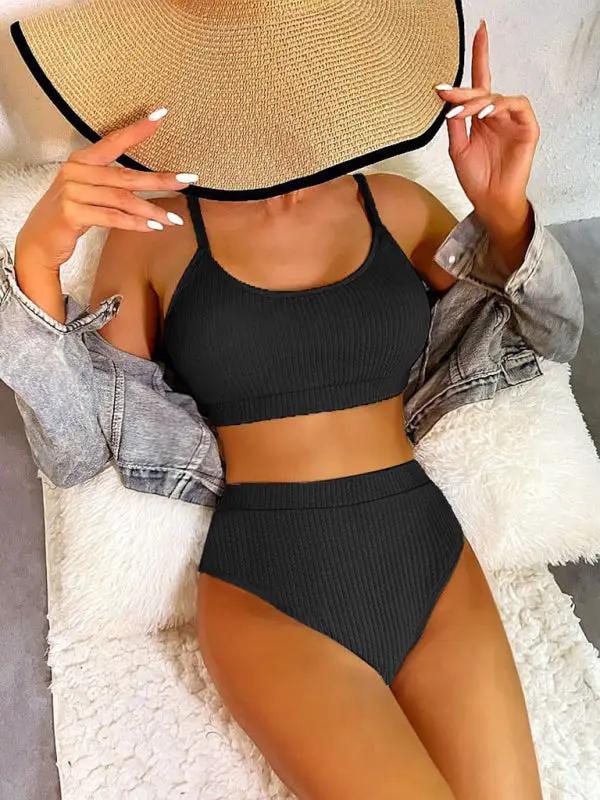 Black solid color bikini with hat and denim jacket