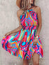 Multicolor abstract pattern off-shoulder halterneck dress