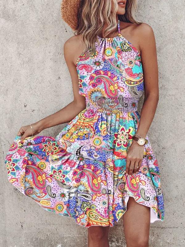 Front view of vibrant paisley print halterneck dress