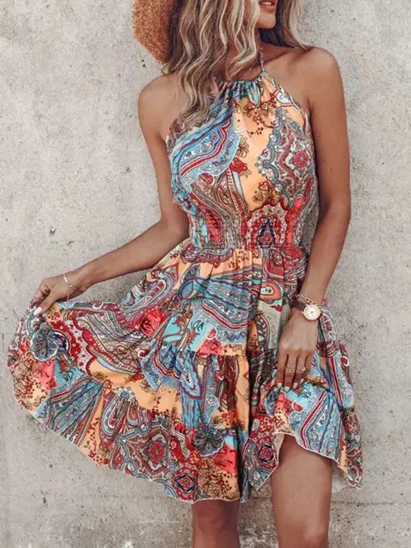 Paisley and floral print off-shoulder halterneck dress