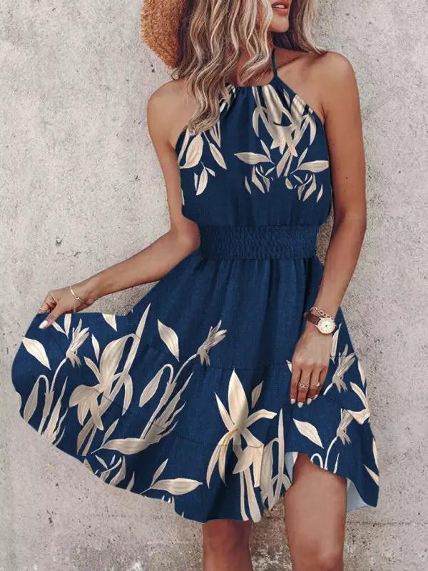 Navy blue dress with gold leaf print design