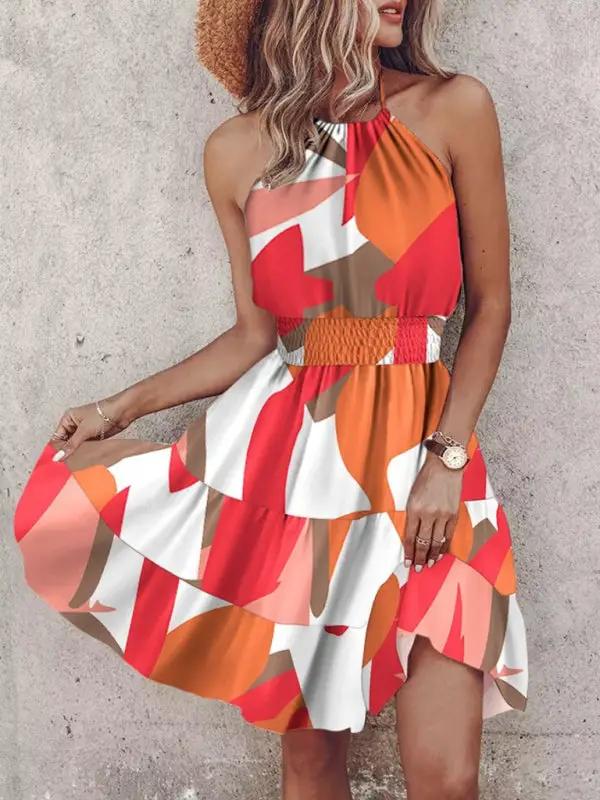 Red and orange abstract print off-shoulder halterneck dress