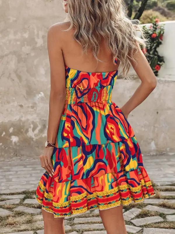 Back view of multicolor abstract pattern dress