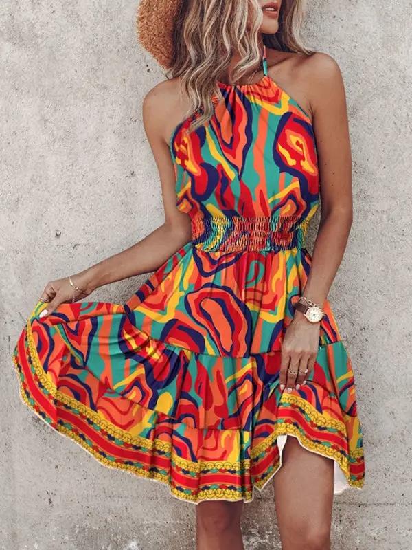Front view of multicolor abstract pattern dress