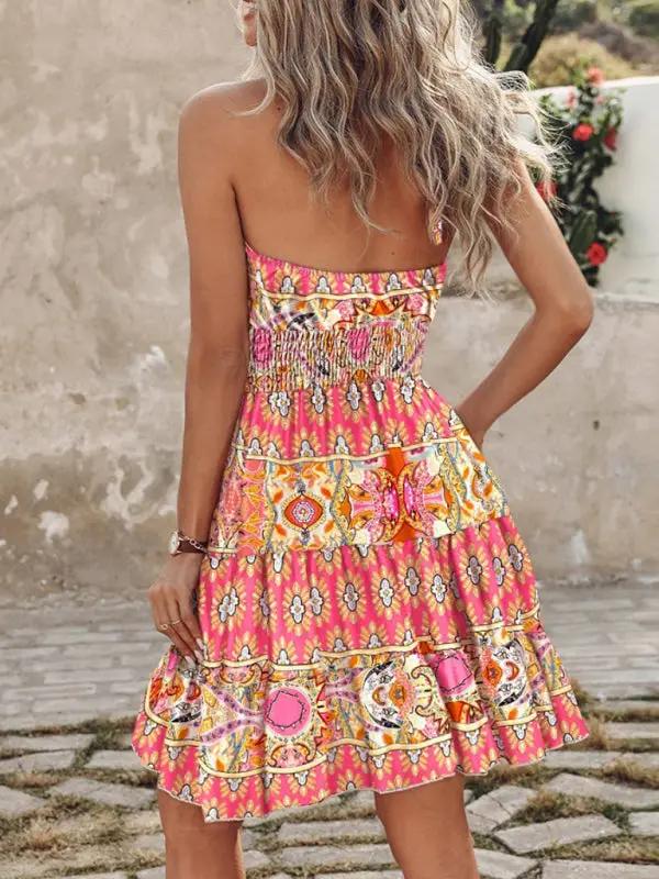 Back view of pink and orange geometric print dress