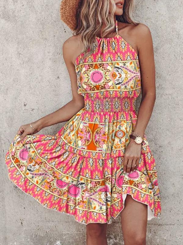 Front view of pink and orange geometric print dress