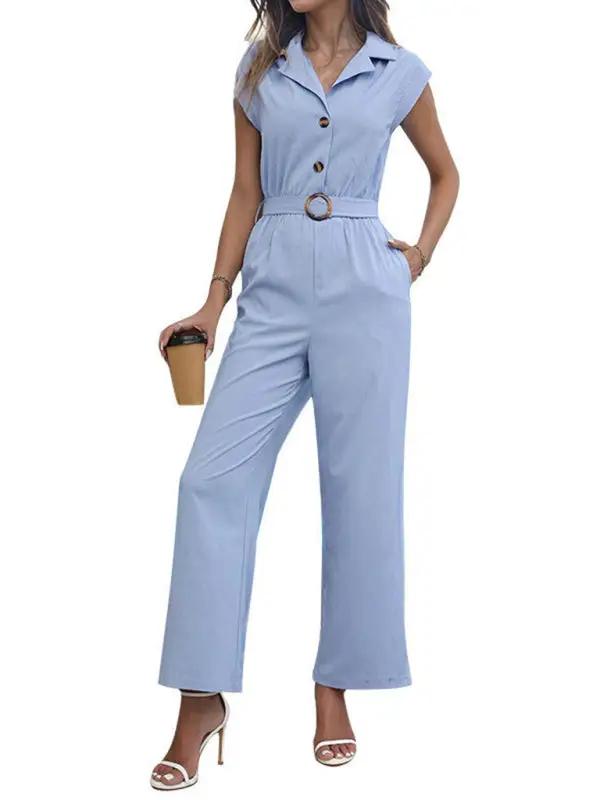 Solid color blue jumpsuit with lapel and belt