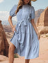 Blue pleated midi dress with stand collar and lace-up belt