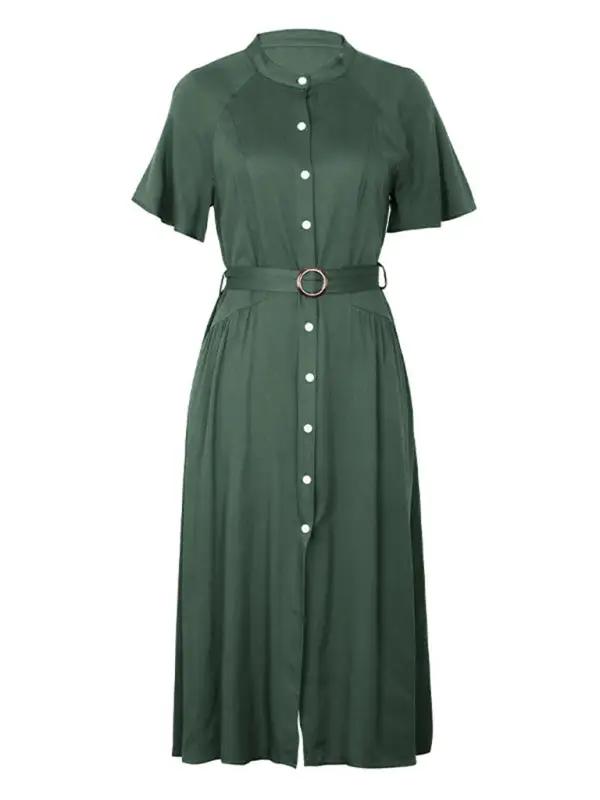 Front view of green lapel single breasted dress with belt.