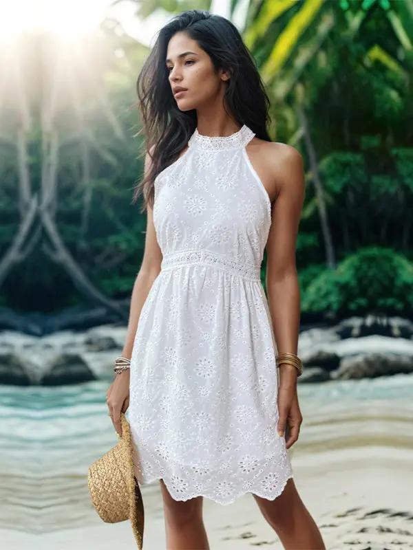 Halterneck white dress in tropical setting