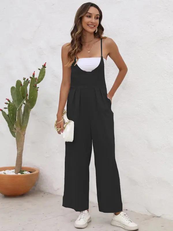 Black casual suspender trousers, side view