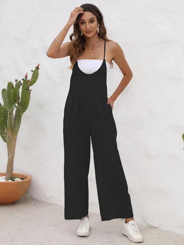 Black casual suspender trousers, front pose