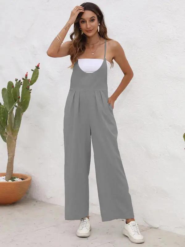 Gray casual suspender trousers, front view