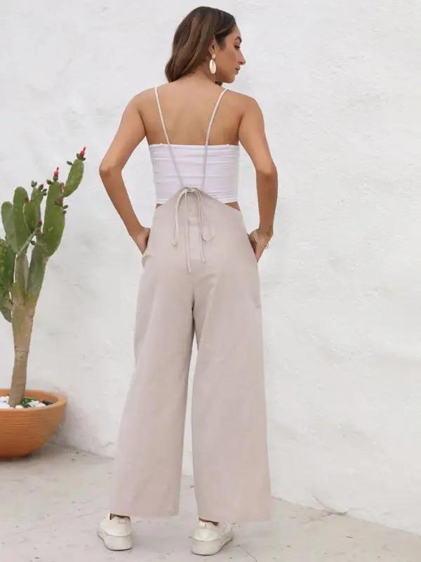 Beige casual suspender trousers, back view