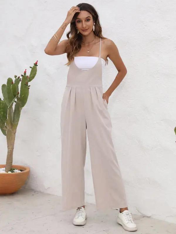 Beige casual suspender trousers, front view