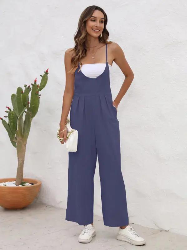 Blue casual suspender trousers, front view