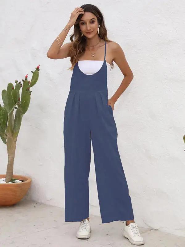 Blue casual suspender trousers, front pose