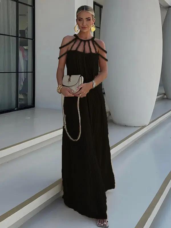 Black casual drawstring holiday loose fashion dress