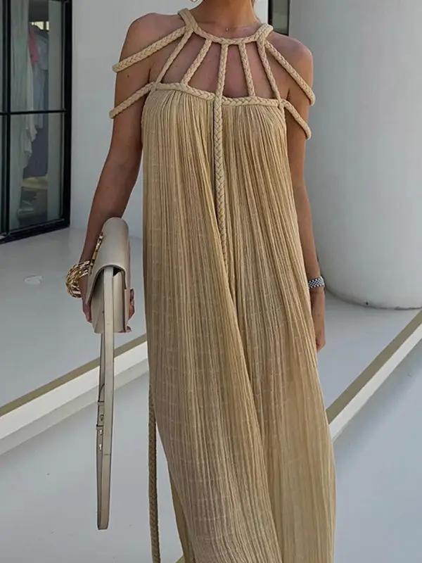 Beige casual drawstring holiday loose fashion dress