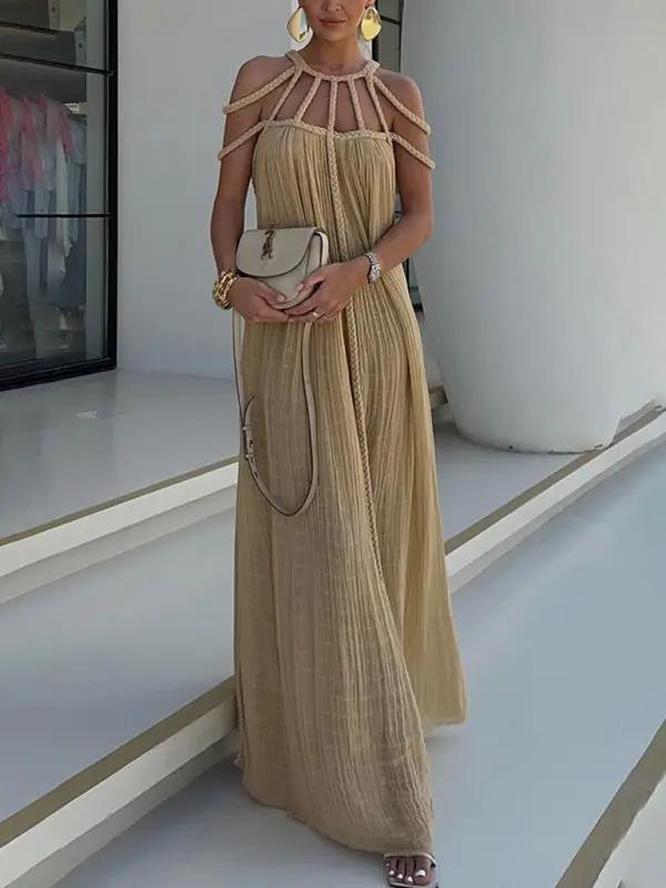 Beige casual drawstring holiday loose fashion dress