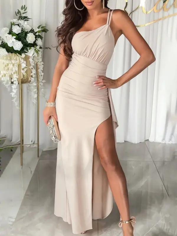 Beige shoulder slit party dress front view