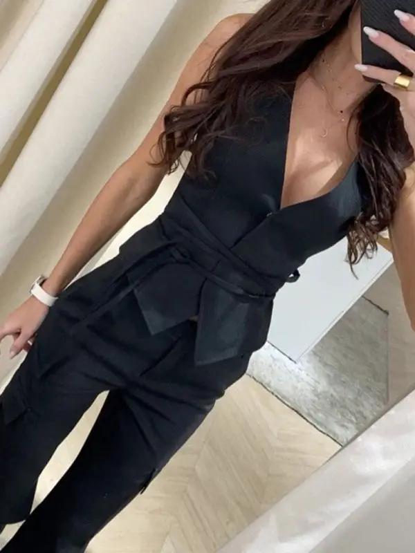 Black lace-up casual fashion vest with belt