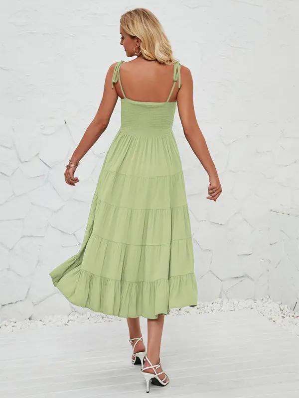 Green sleeveless long suspender dress back view