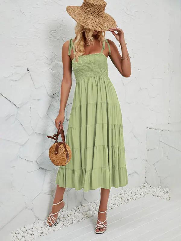 Green sleeveless long suspender dress with hat