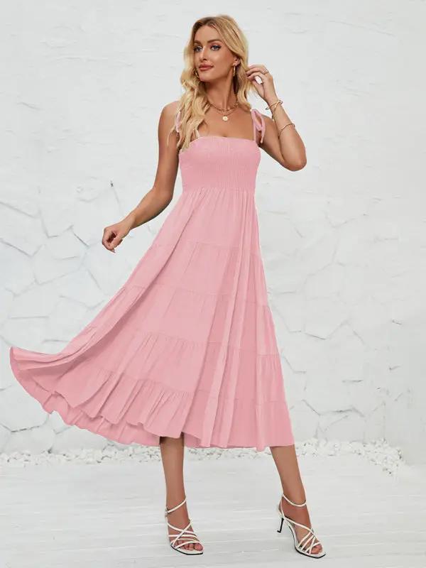 Pink sleeveless long suspender dress front view