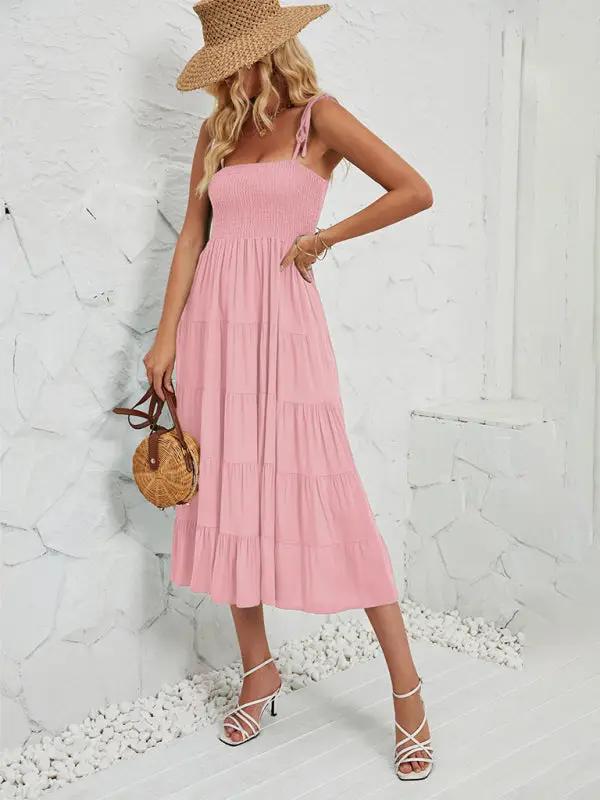 Pink sleeveless long suspender dress with hat