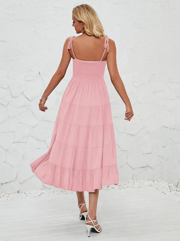 Pink sleeveless long suspender dress back view