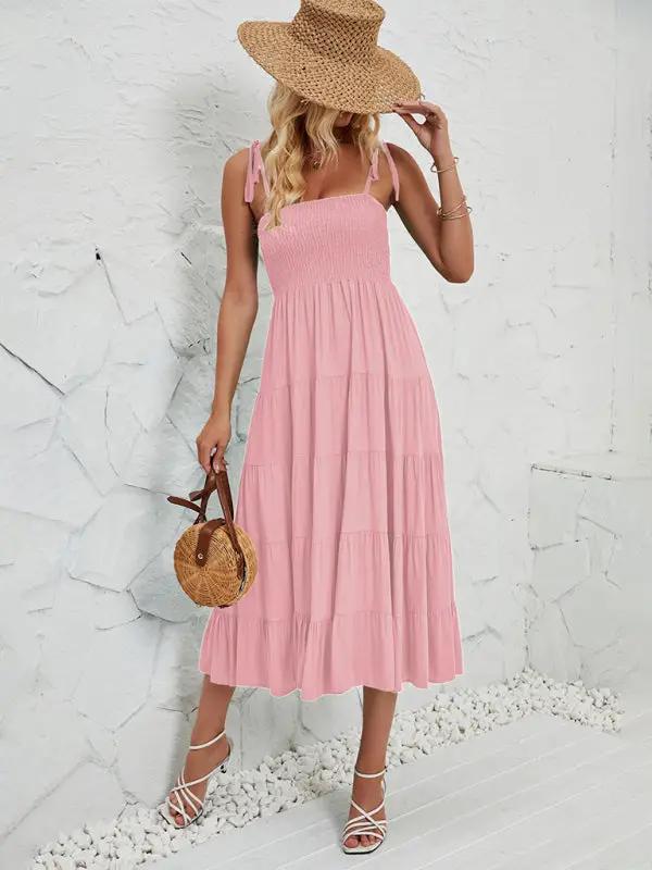 Pink sleeveless long suspender dress with hat
