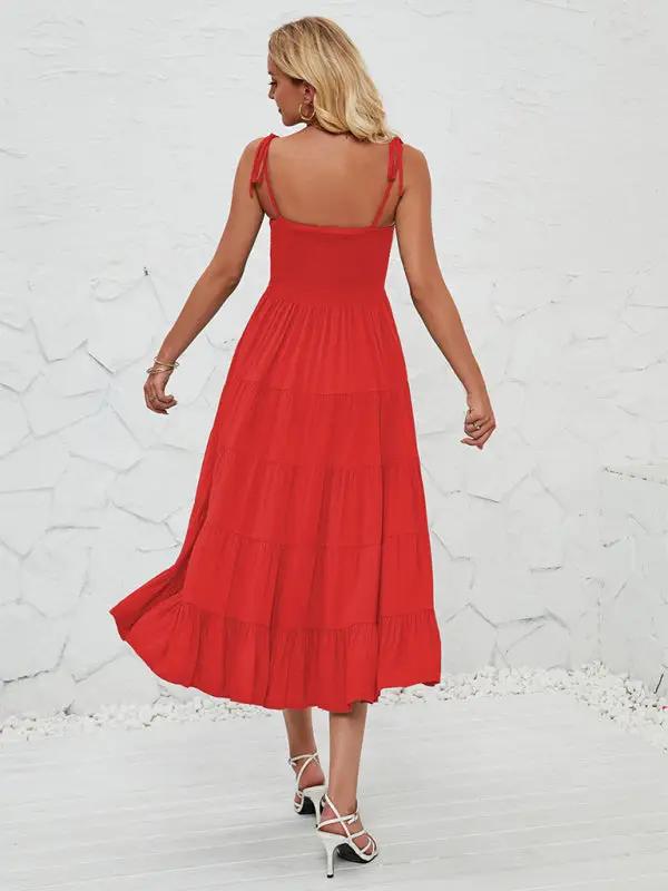 Red sleeveless long suspender dress back view