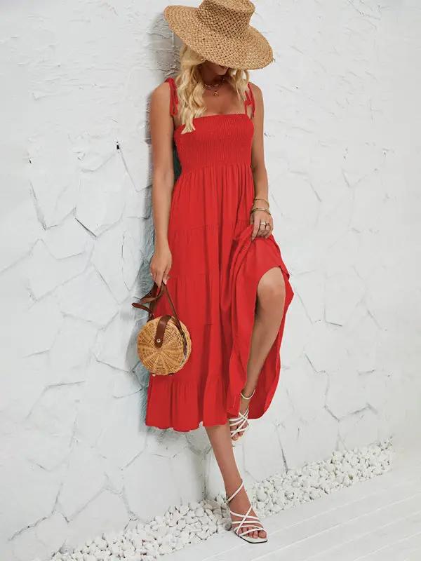 Red sleeveless long suspender dress with hat