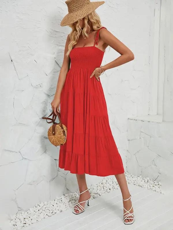 Red sleeveless long suspender dress with hat