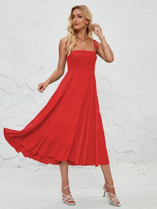 Red sleeveless long suspender dress front view