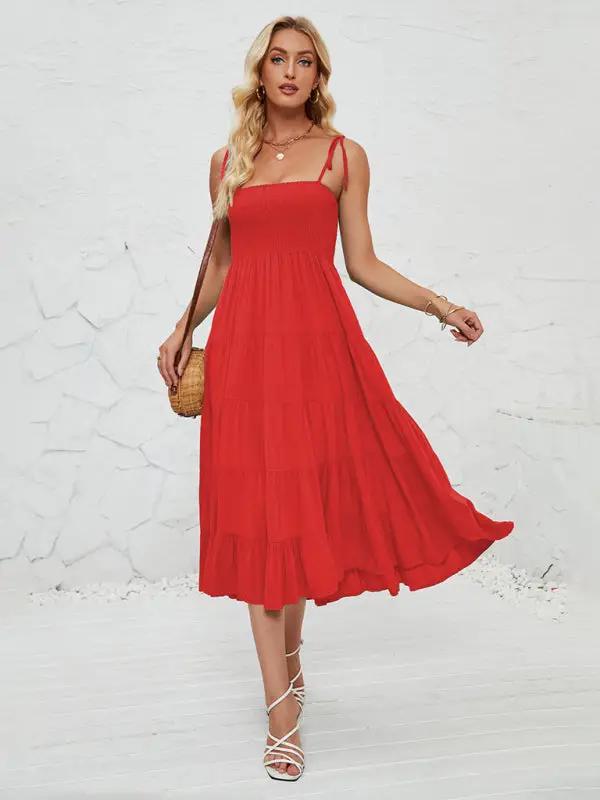 Red sleeveless long suspender dress front view