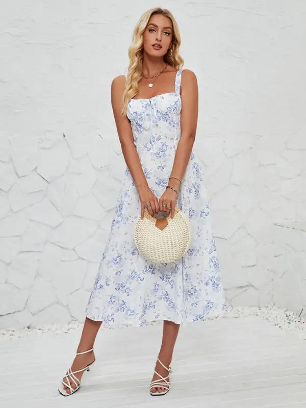 Blue floral long dress with square neckline