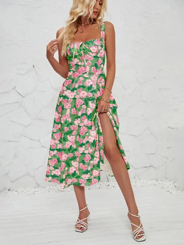 Green floral long dress with side slit