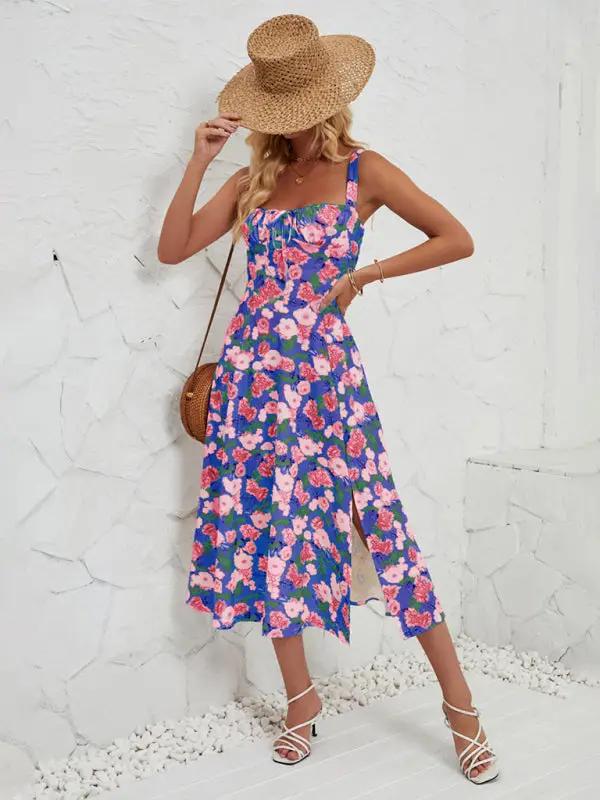 Blue floral long dress with side slit