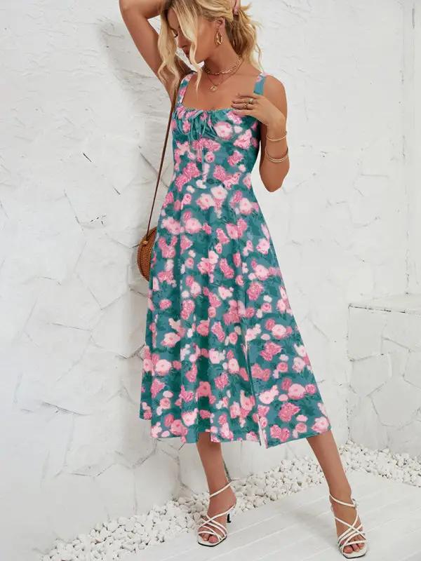 Teal floral long dress with square neckline
