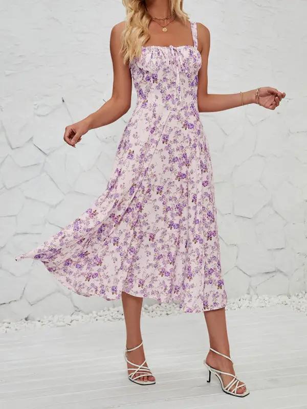 Purple floral long dress with flowing skirt