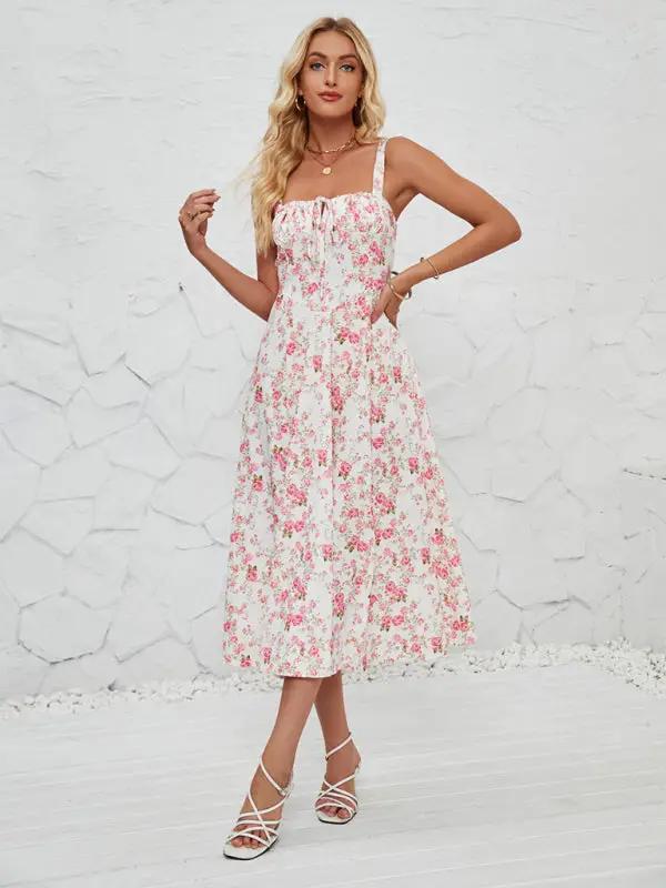 Pink floral long dress with square neckline