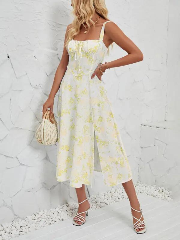 Yellow floral long dress with square neckline
