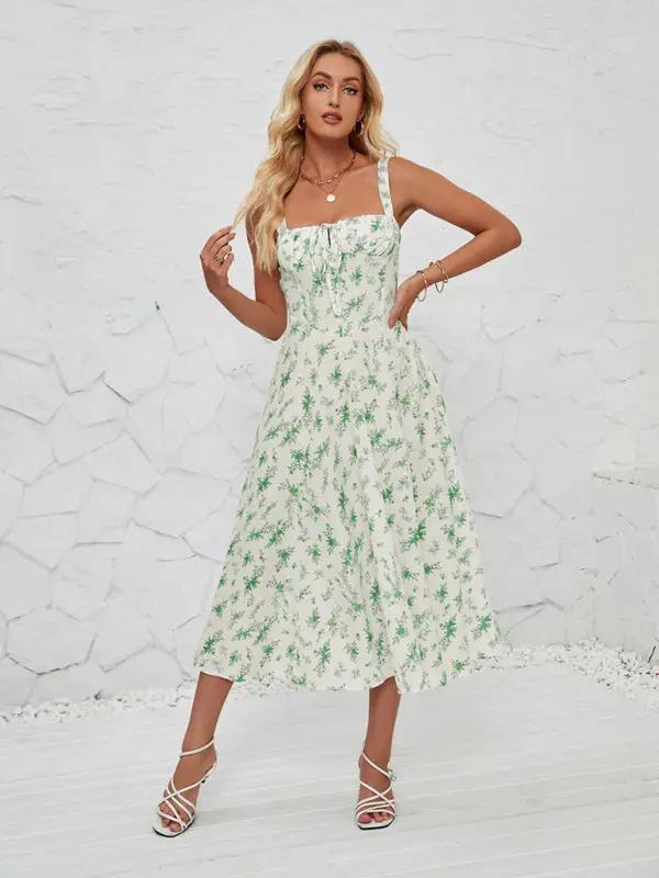 Green floral long dress with square neckline